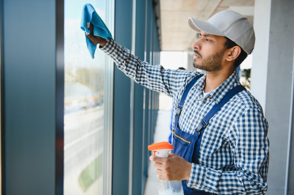 Office spring cleaning with professional cleaner wiping windows and glass surfaces