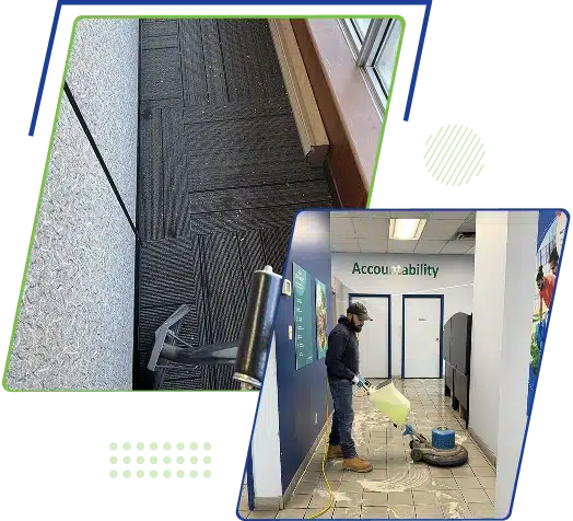 A collage showing carpet flooring and office interiors framed with graphics.