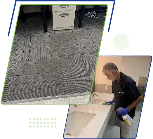 A collage showing patterned office carpet tiles and a smaller inset of a cleaner working.
