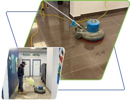 A blue floor buffing machine on a wet tiled floor with a yellow power cord.