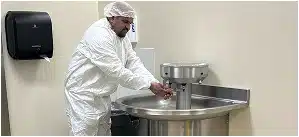 Professional restroom sanitation and handwashing station cleaning