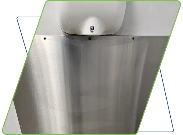 A close-up of a stainless steel hand dryer mounted on a wall, framed by green lines.