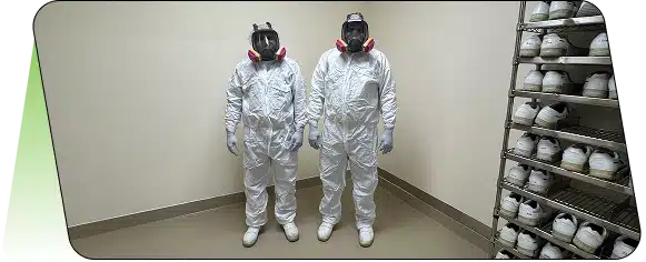 Two workers wearing white protective hazmat suits and respirator masks standing in a plain room.