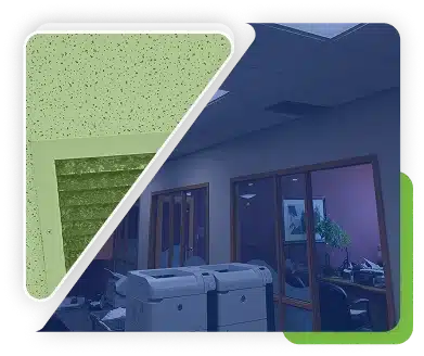 A split graphic showing a green textured surface on the left and a blue-tinted view of an office hallway on the right.